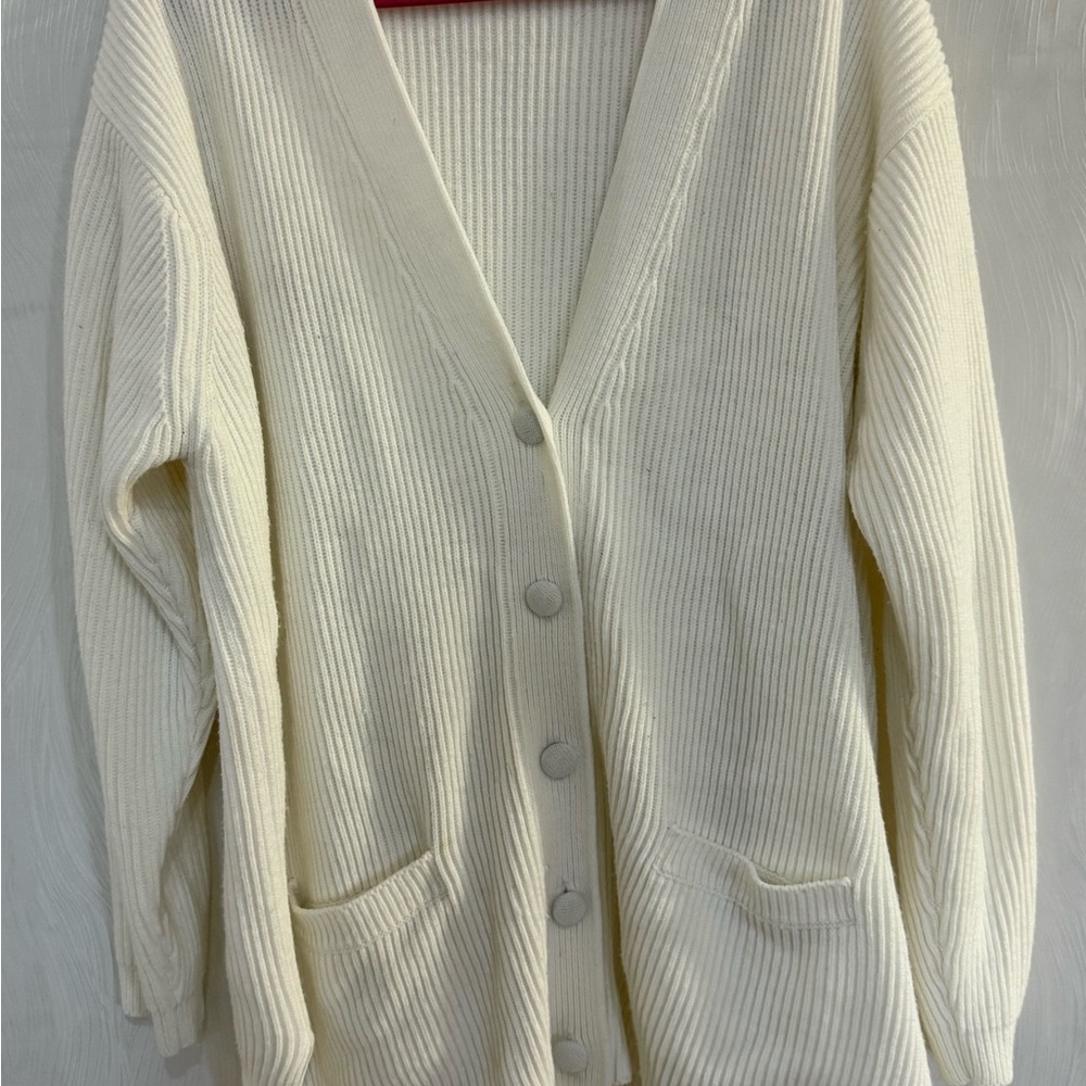 Yarnworks Ribbed Knit Cardigan 2X Ivory VTG 90s Minimalist Old Money Cozy Preppy